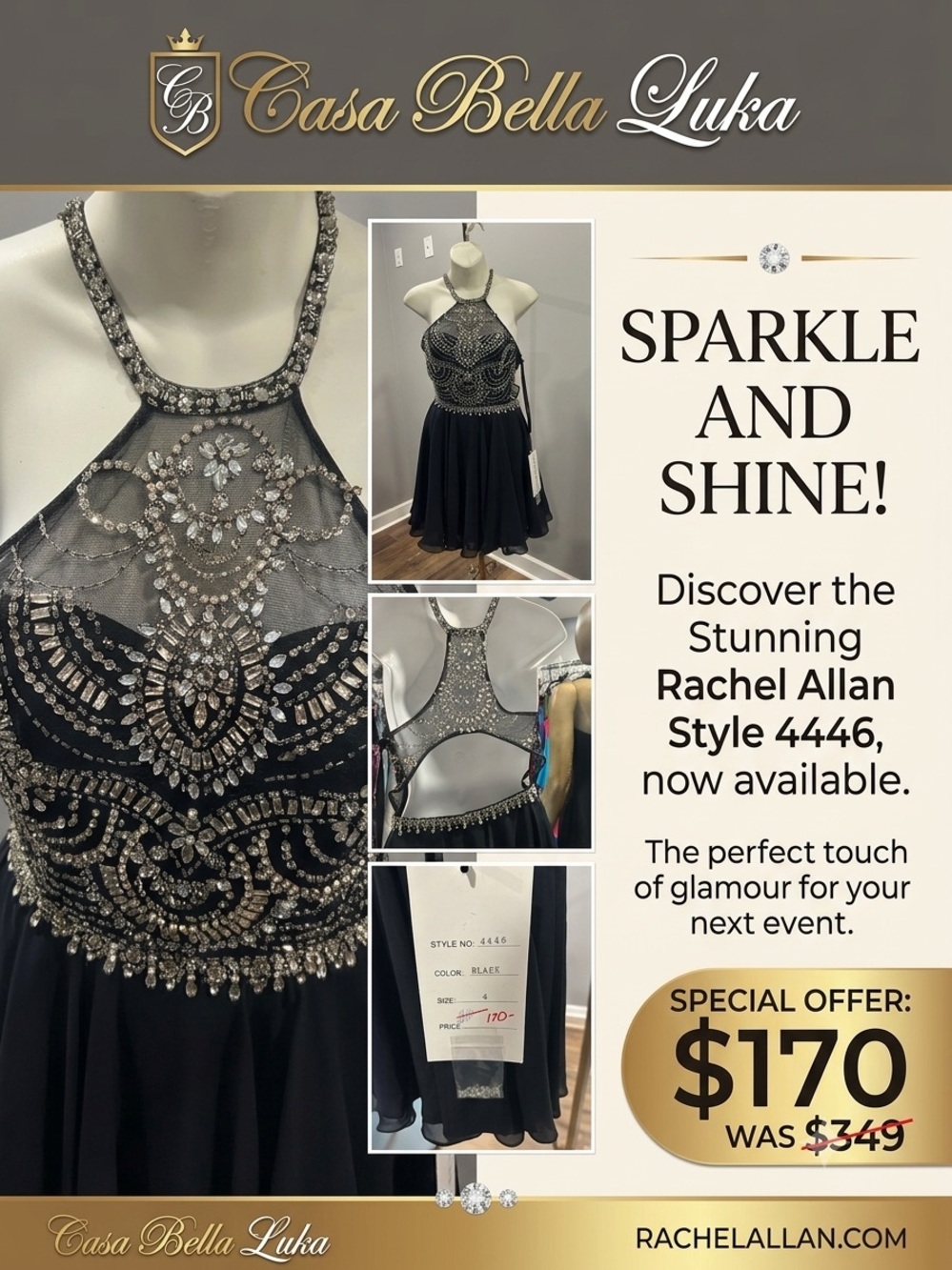 Rachel Allan Black Evening Halter Dress with Silver Accents